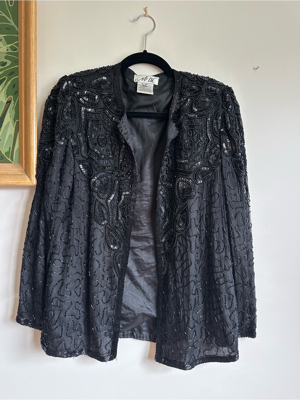 Vintage Beaded Long Sleeve Evening Jacket Topper Womens Small Black Silk